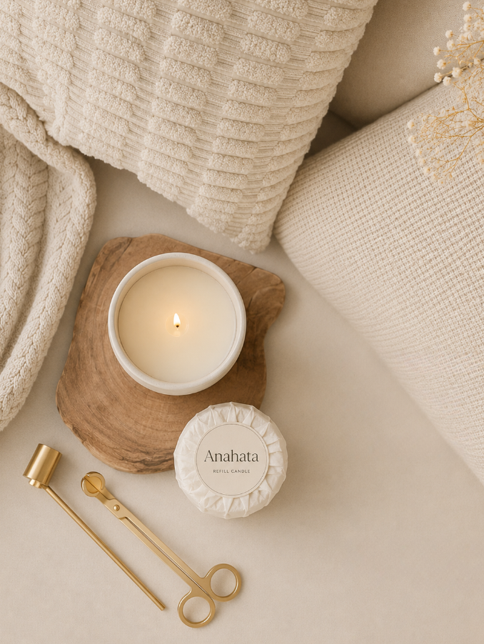 Ceramic candle and refill on wooden board amongst neutral soft furnishings
