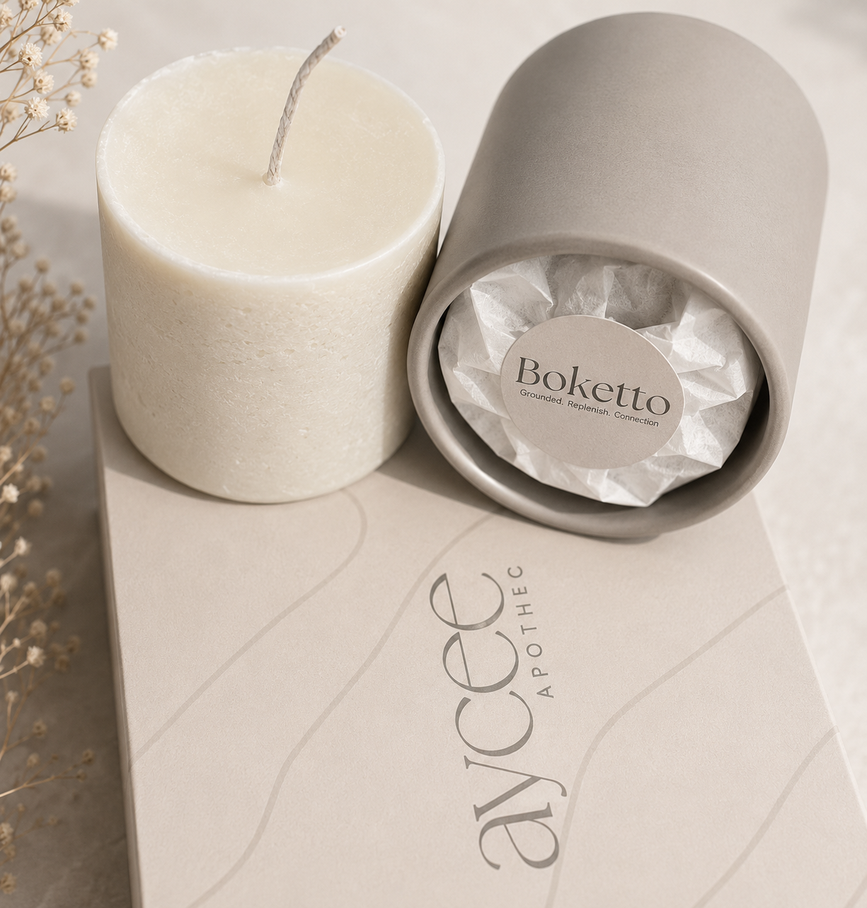 White candle with packaging labeled 'Boketto' and 'Aycee Apothec' on a neutral background.