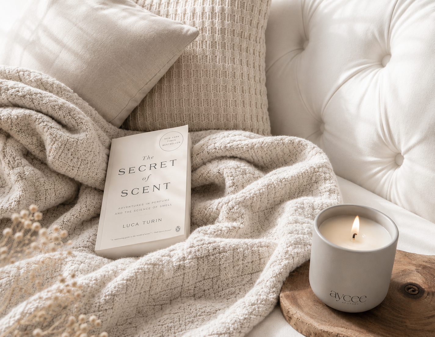 Light grey candle jar on wooden board next to neutral soft furnishings