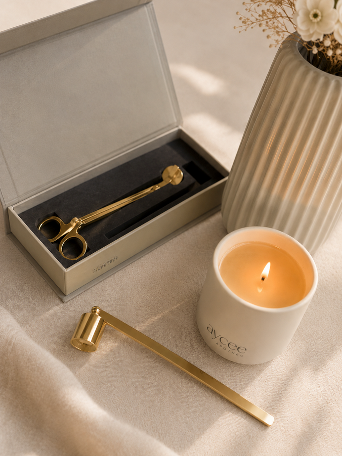 A candle in ceramic jar on a linen covered table with a gold coloured wick trimmer and snuffer nearby