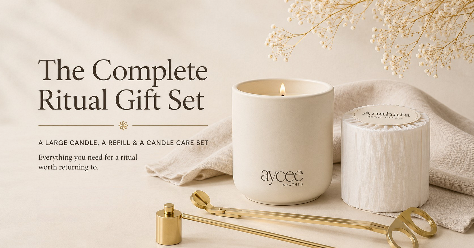 Aycee apothec ceramic candle, refill candle and candle care set on table with linen cover