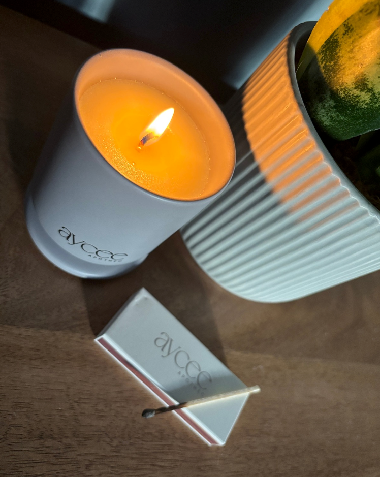 Aycee Apothec candle lit near a potted loant with matchbox in foreground