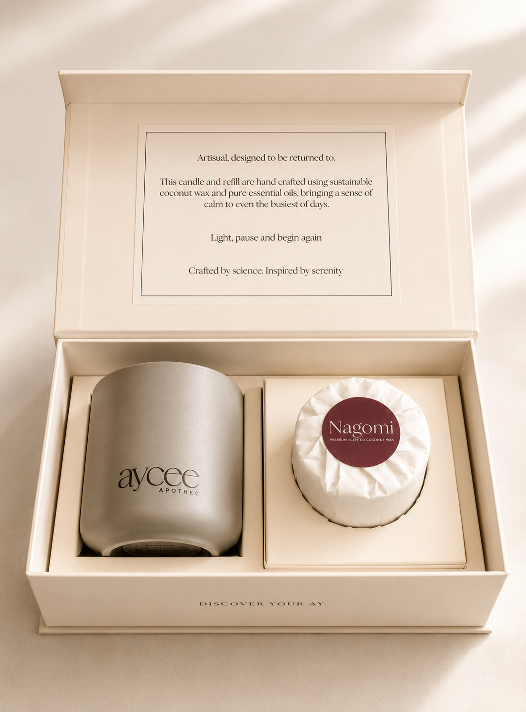 Cermaic candle and wrapped candle refill in display box