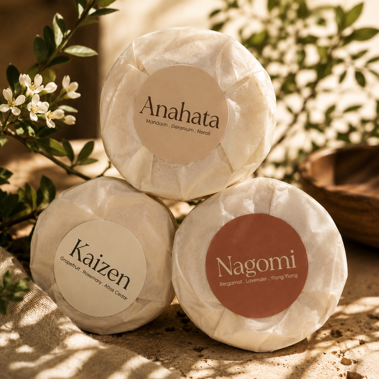 Anahata, Nagomi and Kaizen scented candle refills wrapped in wax paper and stacked in a pyramid.